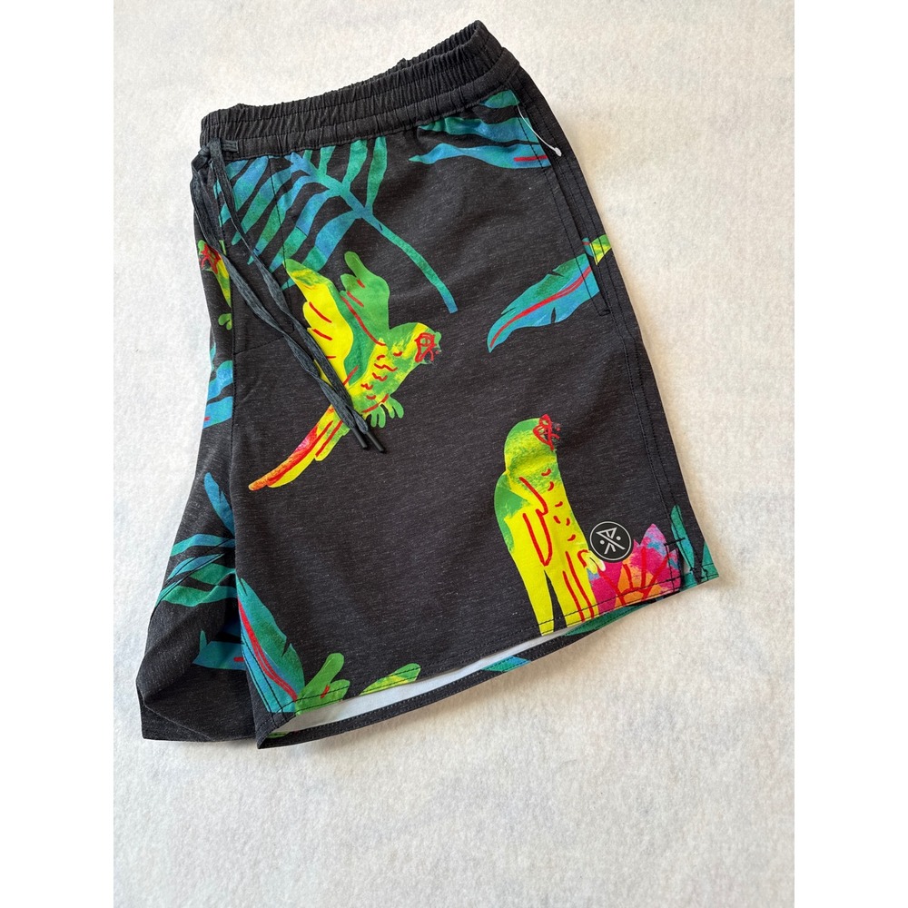 Roark Thomas Mens Board Shorts Black Parrot Tropical Hemp Blend RB410 Large